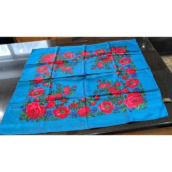 Vintage Scarf Blue Red Pink Floral Design Handmade 100% Acetate Rolled Hem NWOT - Picture 1 of 10